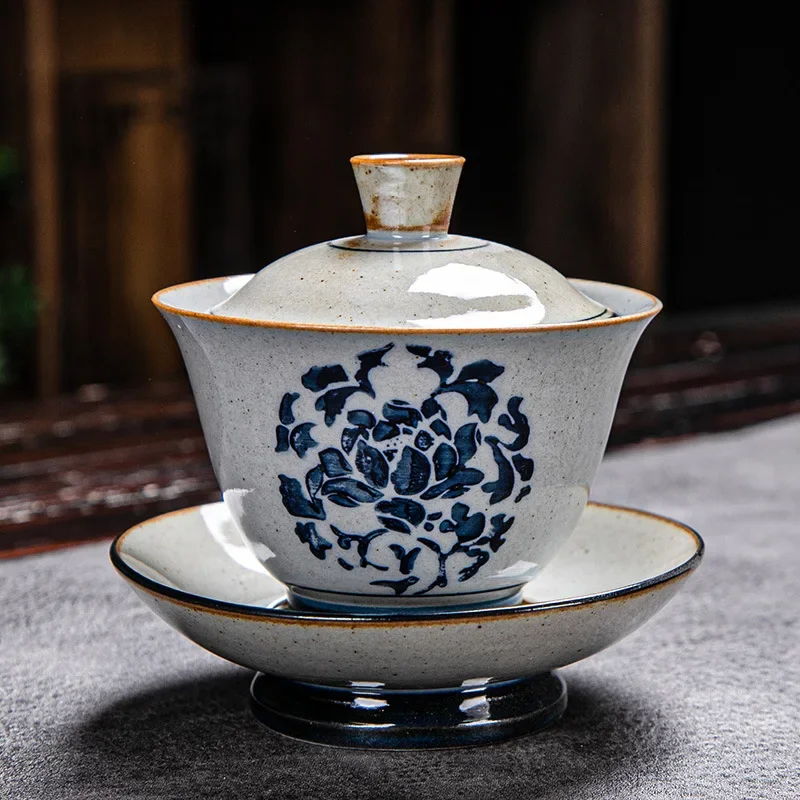 Vintage Brennholz handbemalt Gaiwan, Keramik blau und weiß Zeremonie Schüssel, Kung Fu Tee-Set, Steinzeug Brauen Abdeckung, Terrine