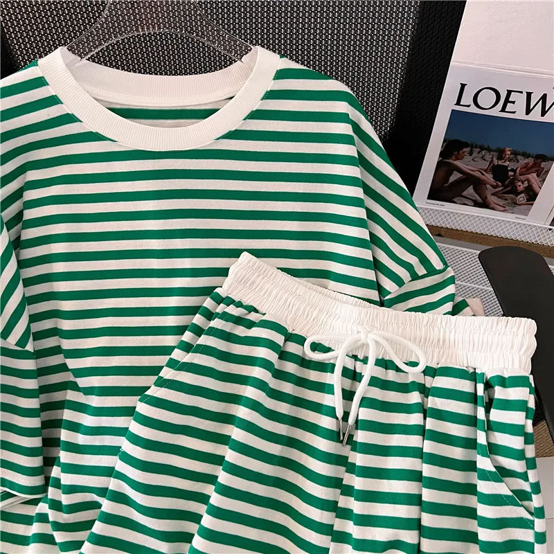 M-4XL Fashion Striped Women Two-Piece Sets Short Sleeved T Shirt+Wide Leg Shorts 2023 New Summer BF Style Female Sports Suits