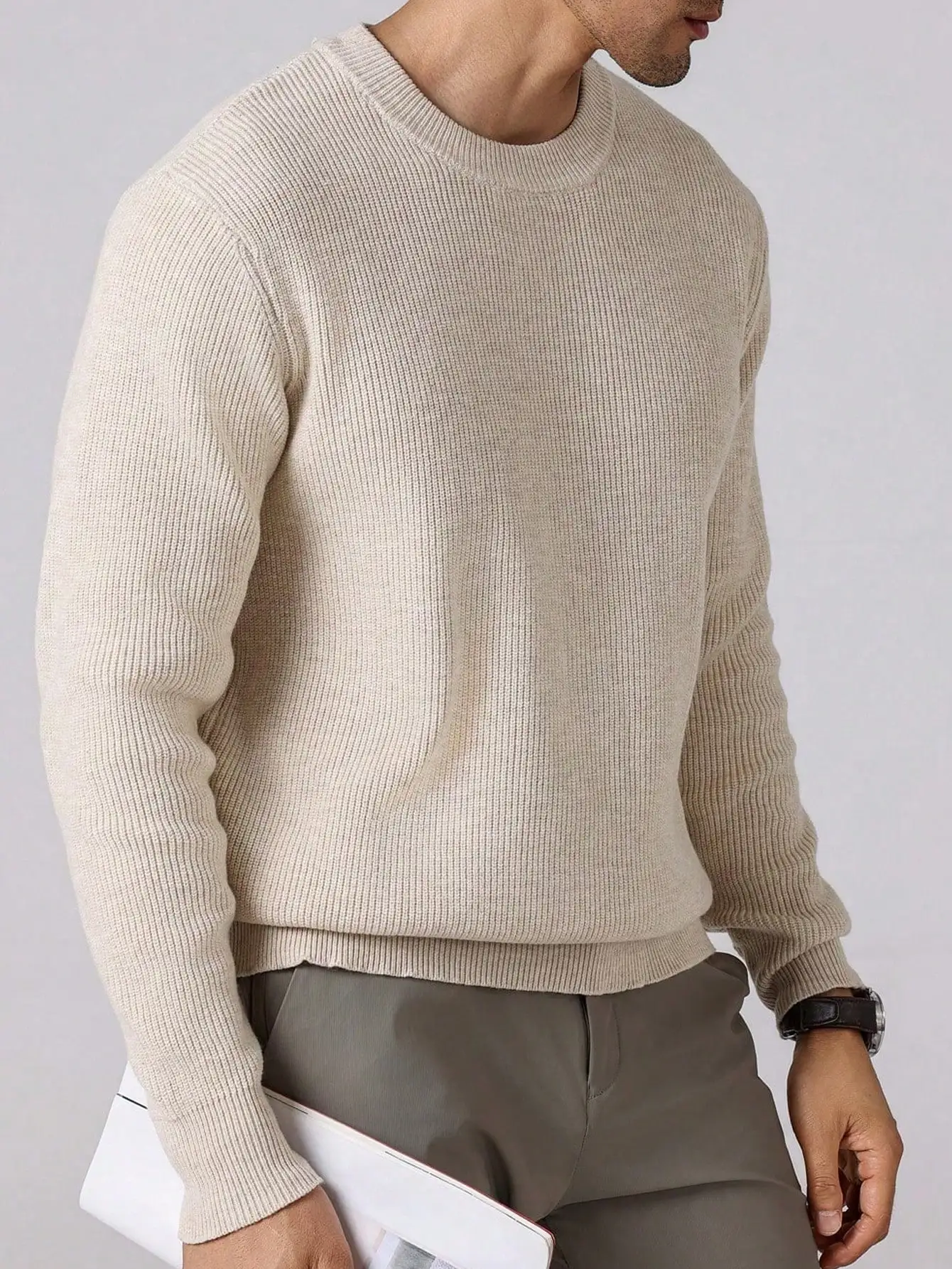 Men's Beige Ribbed Crew Neck Long Sleeve Pullover Sweater for Fall Winter Casual Wear