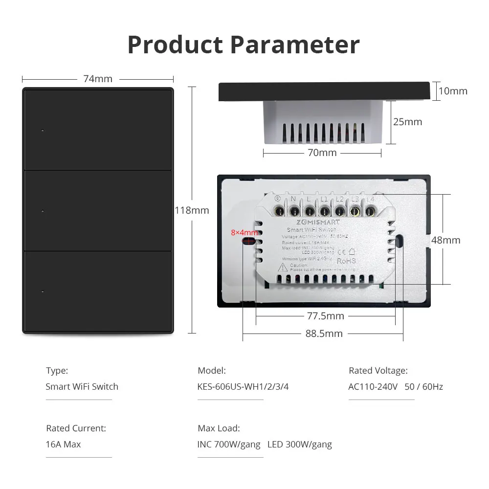 Zemismart Tuya WiFi US Przełącznik ścienny 1 2 3 4 Gangs Wymagany przewód neutralny Aplikacja Smart Life Alexa Google Home Control