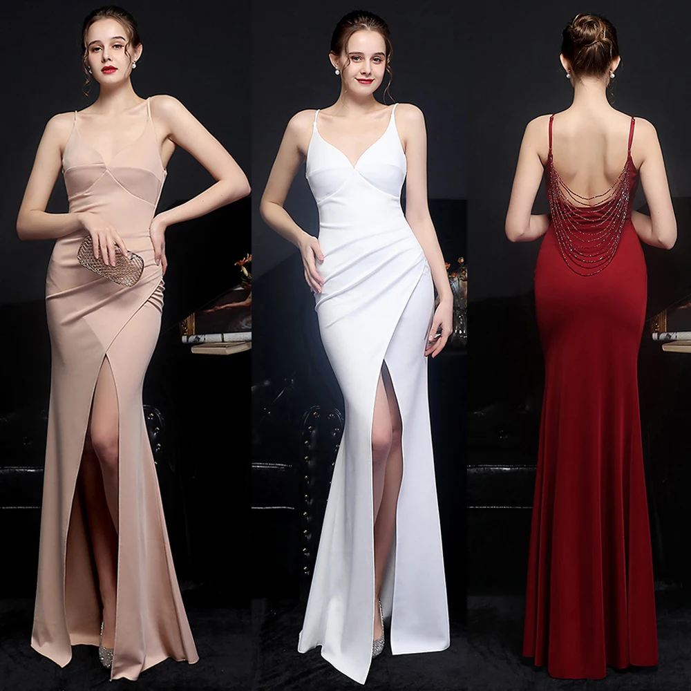 Sexy Backless Party Dress Sleeveless V Neck Prom Gowns Women Spaghetti Strap Split Cocktail Robes XUCTHHC Taffeta Long Vestieos