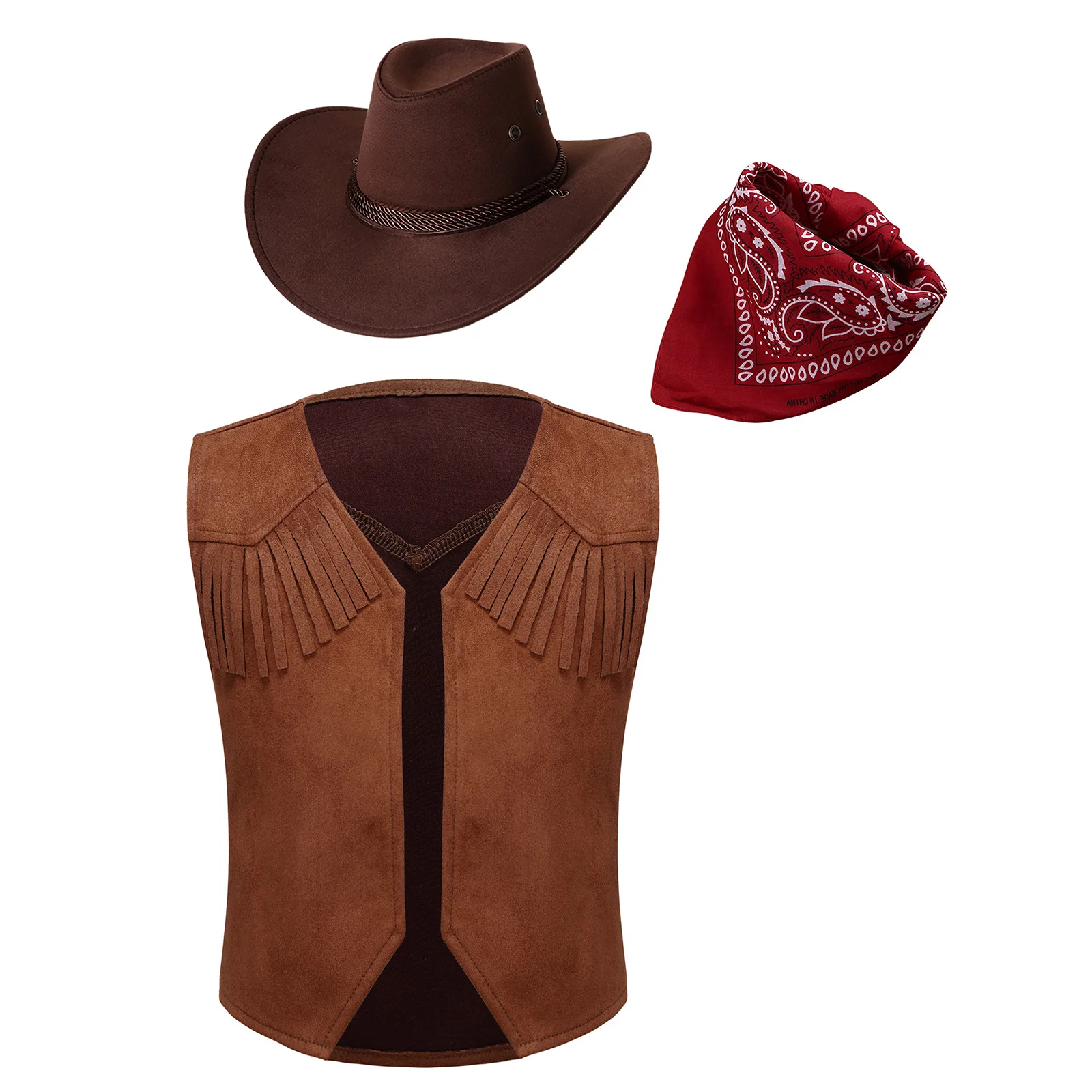 

Kids Boys Western Cowboy Costume for Halloween Theme Cosplay Cowboy Hat Open Front Vest and Bandanna Suit Teens Role Play Outfit