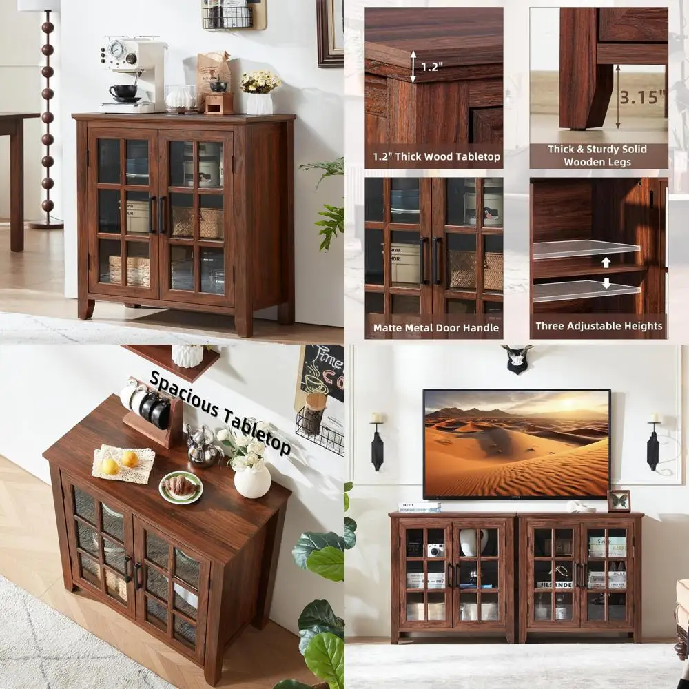 خزانة بوفيه مطبخ كبيرة على طراز المزرعة مع مساحة تخزين، وخزانة بار القهوة والنبيذ البني مقاس 32 بوصة تتميز ببابين زجاجيين