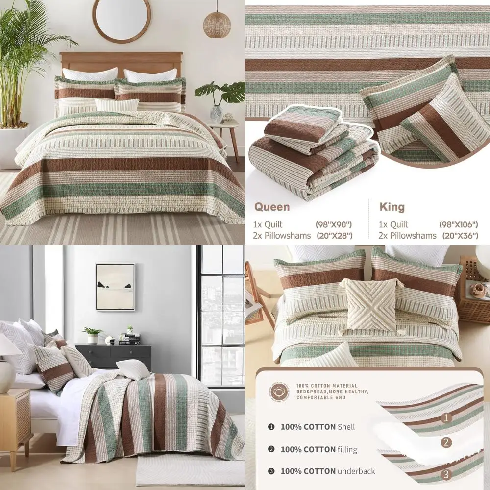 

Brown and Green Striped King Size Quilt Set, Reversible Lightweight Bedspread for All Seasons, 3-Piece Comfort