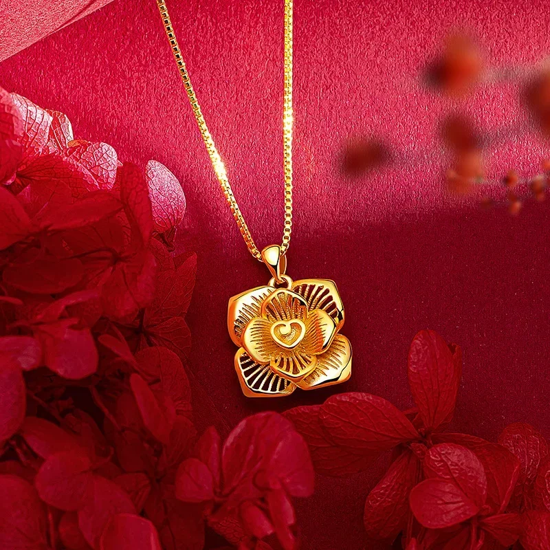 24K Real Gold Ethnic Style Flower Necklace, 9999 Pure Gold Heart-shaped Stamen and Four Petal Flower Collarbone Necklace