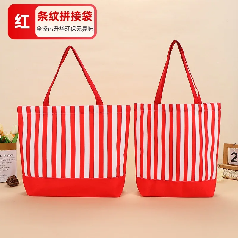 Custom Logo Striped Stitching Canvas Bag Women's Contrasting Color Handheld Tote Bag Large Capacity Eco-friendly Shopping Bags