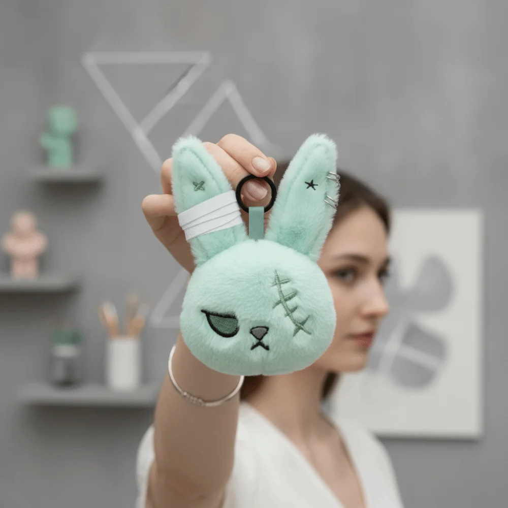 Quirky Fluffy Gothic Rabbit Soft Handmade-look Halloween Plushie Lightweight Washable Stitched Bunny Backpack Charm