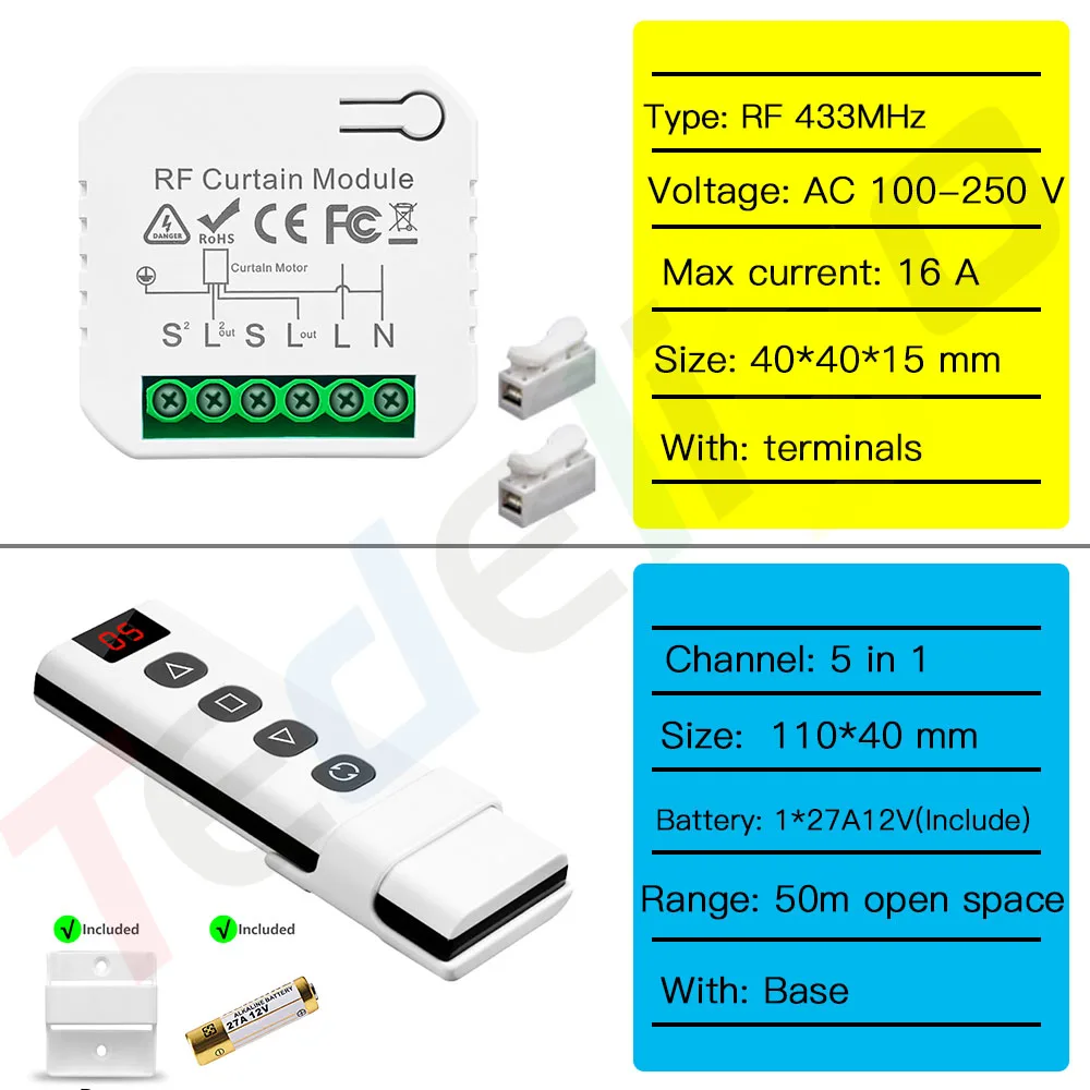 Tedeligo RF Curtain Switch Wireless 5 in 1 Channel Remote,110V 220V 16A Roller Shutter Controller Module,2 Way Control Garage