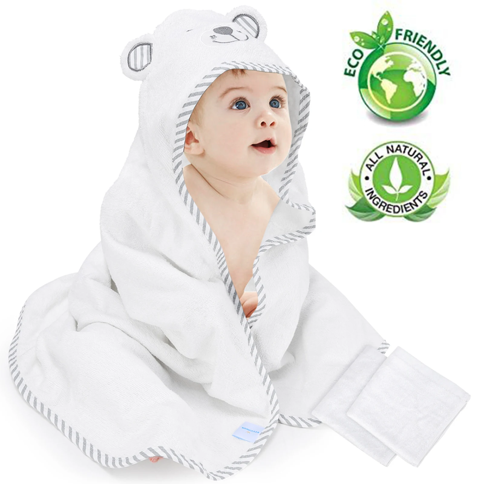 Baby Hooded Towel Organic Bamboo Fiber Baby Bath Towels Bear Embroided Handkerchief Soft Nature Towel for Toddlers Super Absorbe