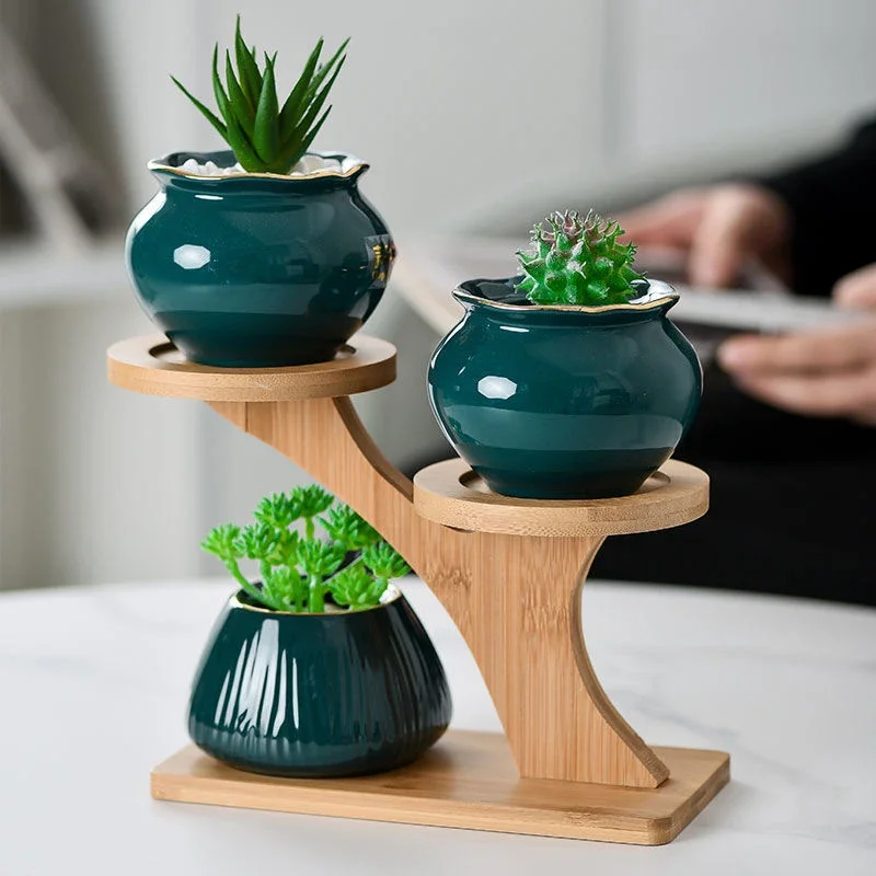 Mini Plant Flower Pot Oval Shape Bamboo Wood Plant Tray Stand Favor Succulent Pot Tray Simple Elegant Design Home Balcony