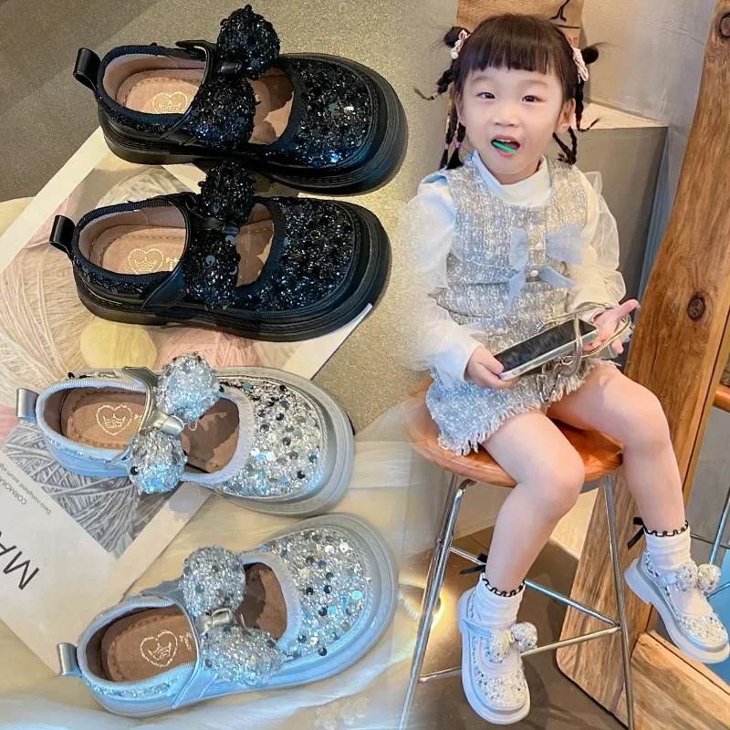 Girls Leather Shoes Square Heel Kids Black Performance Shoes with Cute Sequins 2024 New Girls Princess Shoes Round Toe Soft Sole