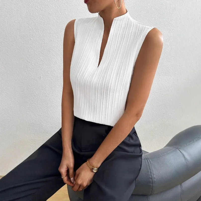 Fashion New Summer Deep V Women's Sleeveless T-shirt Elegant Slim-fitting White Chiffon Elegant Casual Blouse Retro Vest Tops