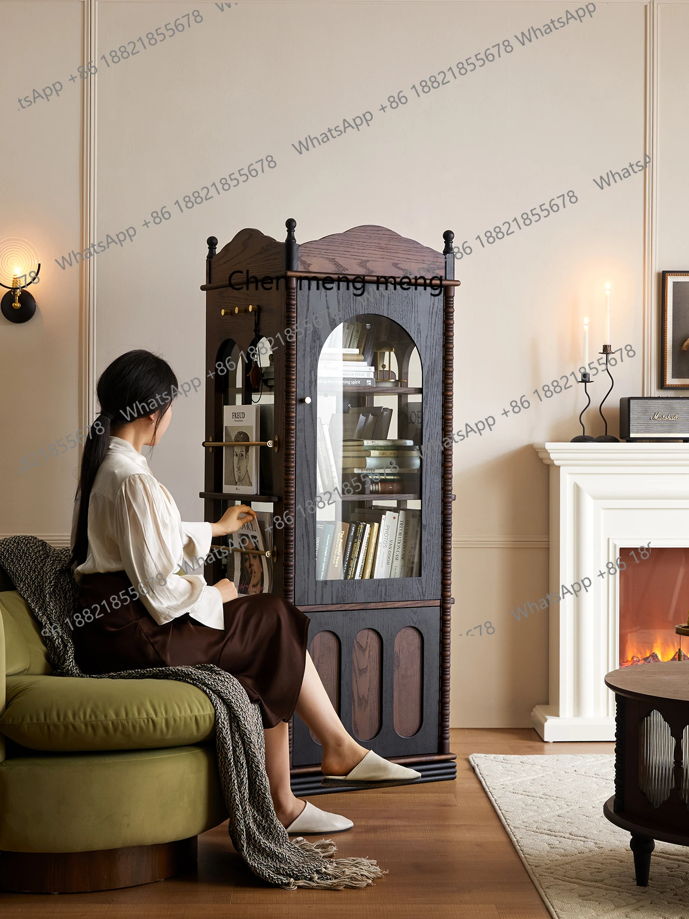 

French solid wood bookcase retro rotating storage cabinet with glass door corner magazine, display cabinet