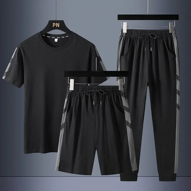 

Костюм мужской весенне-летний новый модный повседневный спортивный костюм большого размера с короткими рукавами, комплект из трех предметов