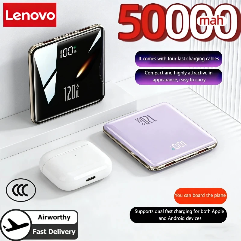

Lenovo 500000mAh Mini Power Bank Large Capacity Super Fast Charging External Battery Built-in 4 Cable For IPhone Samsung Xiaomi