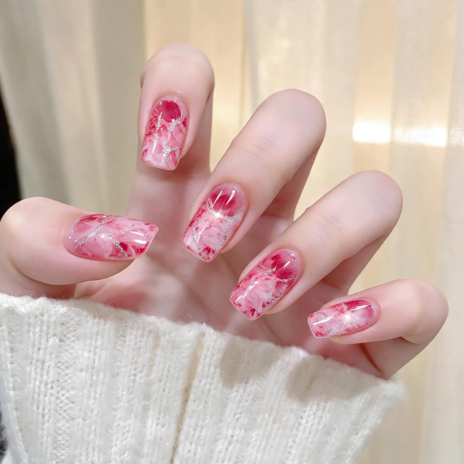 16Tips Gradient Marble Design Nail Stickers Glitter Self Adhesive Full Cover Wraps Nail Decals Marble Strips Manicure Decoartion