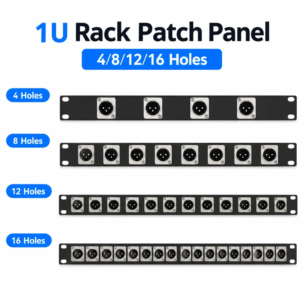 1Pcs 4/8/12/16 Ways 1U Rack Patch Panel Metal Black XLR Socket Panel D-Shaped Socket Cutouts Standard Rack Fixing Holes