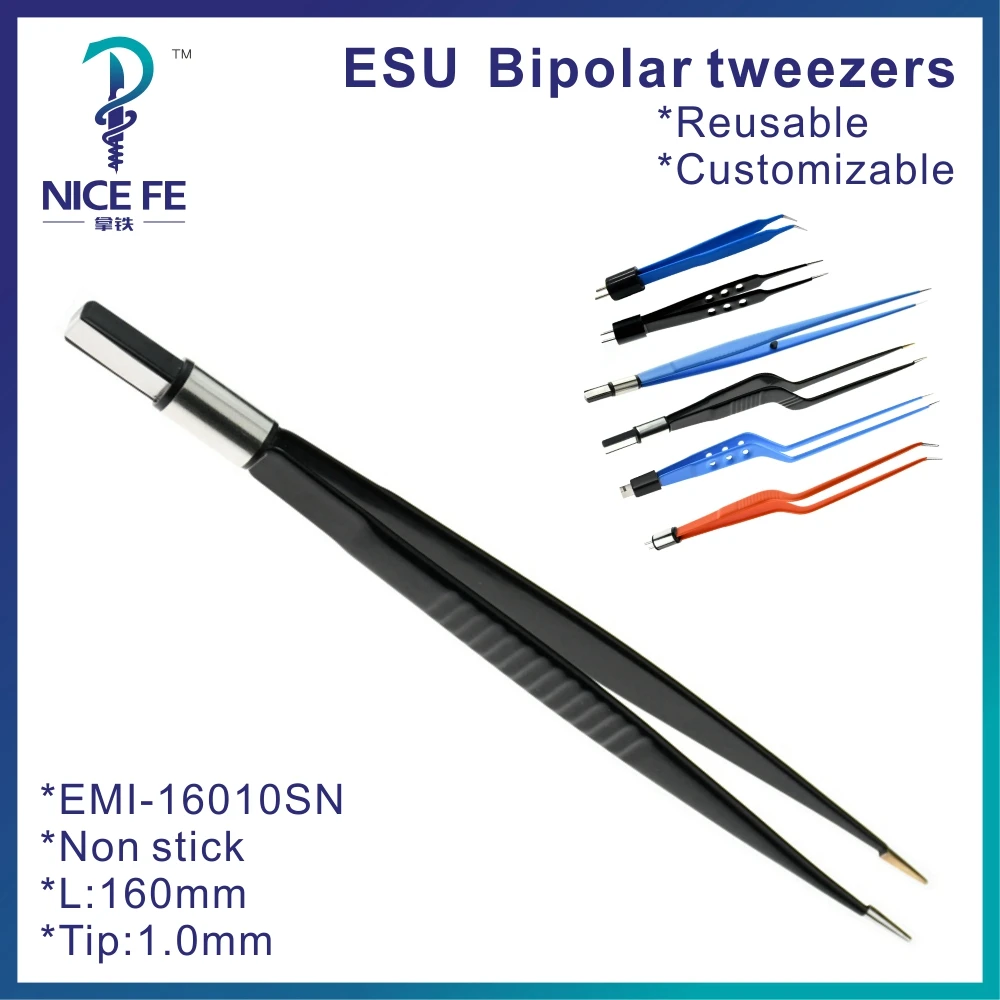 

Forceps Bipolar tweezers Straight tip Electrosurgical unit Black nylon coated Non Stick IEC