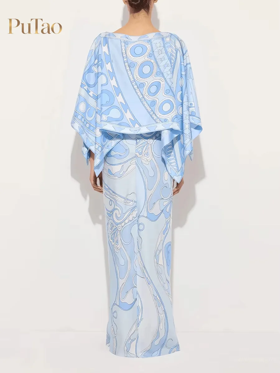 Putao Boat Neck Cape Two Piece Modest Maxi Dress Abstract Swirl Print Satin Kaftan Long Gown Ramadan Dubai Holiday Outfit