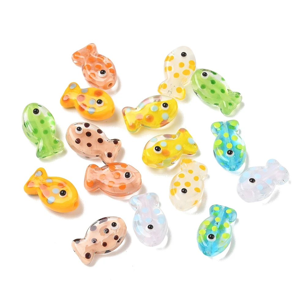 KitBeads 40pcs Polka Dot Fish Glass Beads Mixed Color Transparent Handmade Lampwork Loose Beads for Jewelry Bracelet Necklace