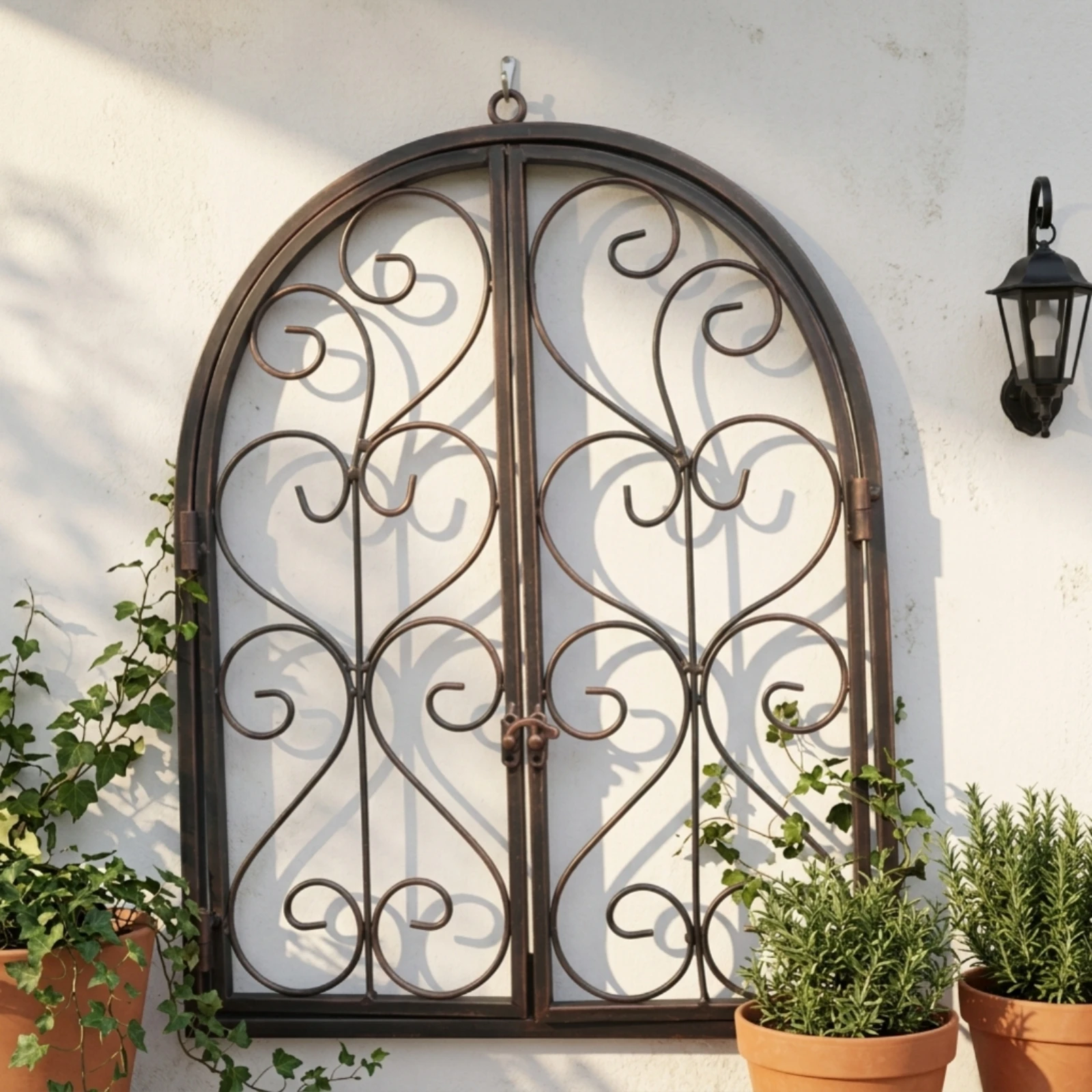 Wall Ornament with Scrollwork Antique Faux Window Decor Arched Symmetrical for Garden, Patio