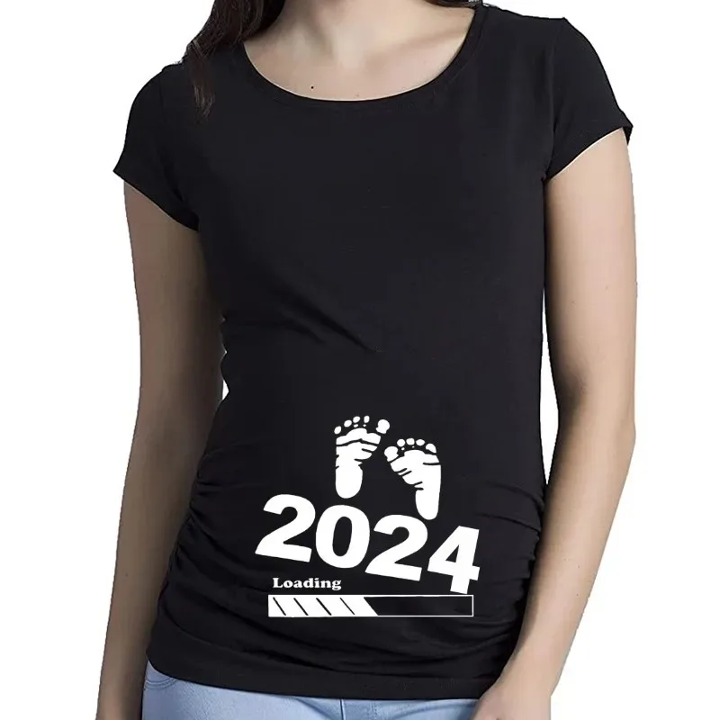 Baby Loading Women Printed 2024 Pregnant T Shirt Girl Maternity Short Sleeve Pregnancy Announcement Shirt New Mom Clothes