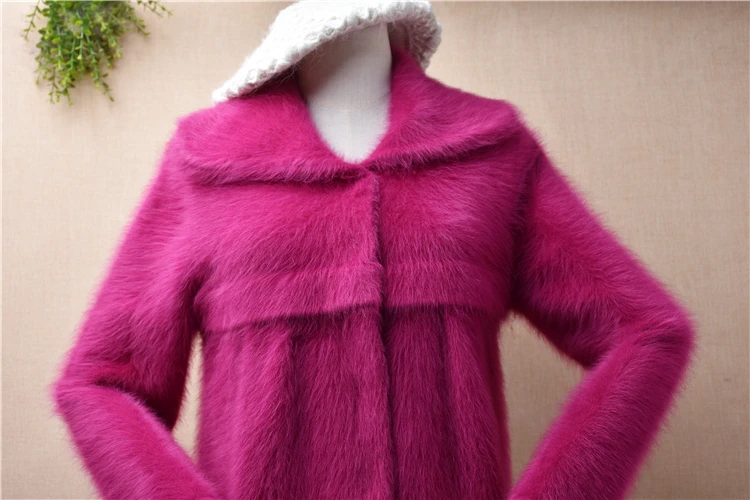 Female Women Fashion Pull Rose Hairy Mink Cashmere Knitted Turn-Down Neck Slim Cardigan Angora Rabbit Hair Jacket Coat Sweater