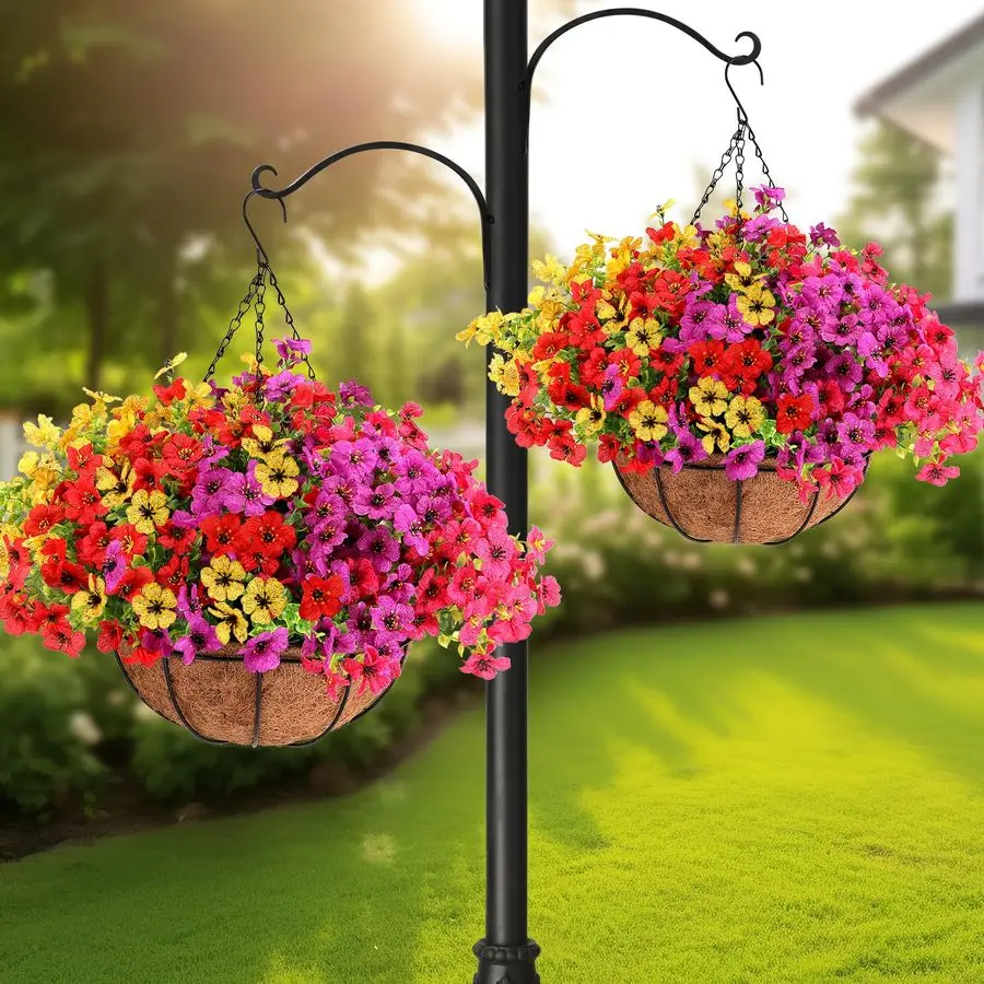 

2 Set Artificial Hanging Plants Flowers Basket for Outdoor, Fake Faux UV Sun Resistant Look Real Colorful Violet Hanging Flowers