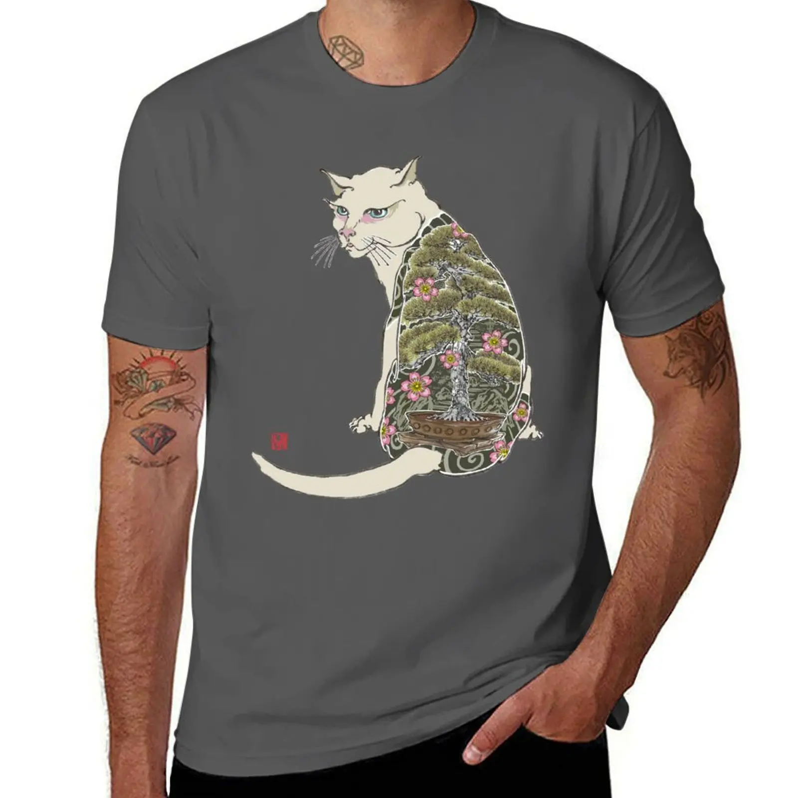 

Cat with Bonsai Tattoo T-Shirt graphic shirts summer top boys animal print plus size men clothing
