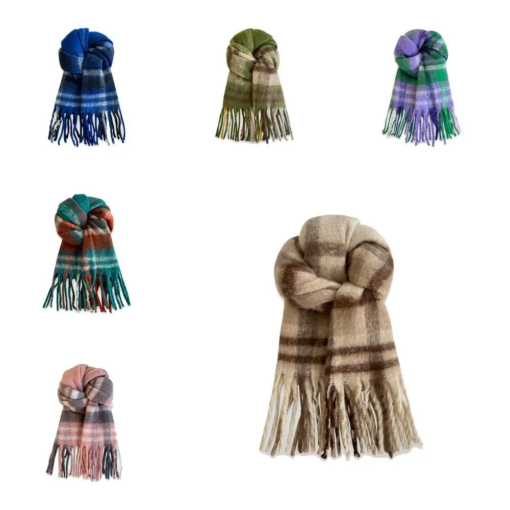 Tassel Plaid Wool Scarf Plush Cashmere Shawl Long Shawl Korean Style Scarves Wool Scarves Winter Cashmere Scarves Women/Men