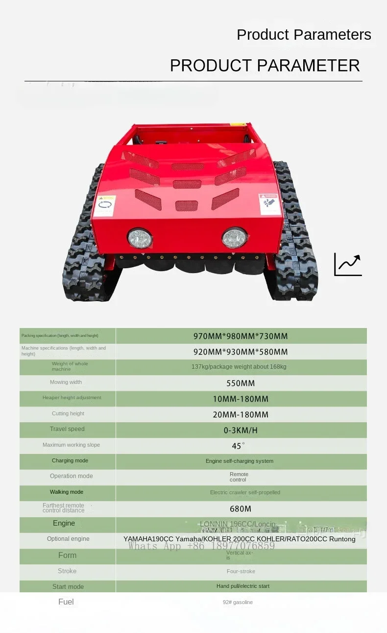 Intelligenter ferngesteuerter Rasenmäher, Viertakt-Benzin-Rasenzerkleinerer mit Raupen, Rasenmäherroboter