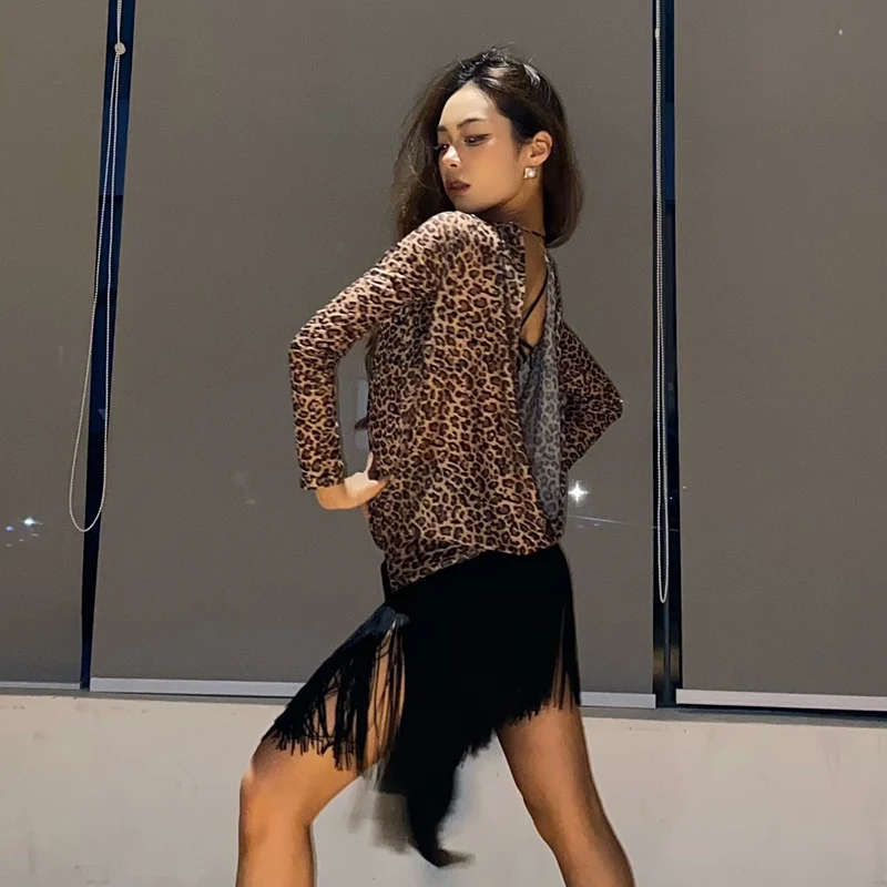 Leopardo dança latina topos preto borla saia feminina sexy prática roupas rumba dança traje clube desempenho latino wear nv22318