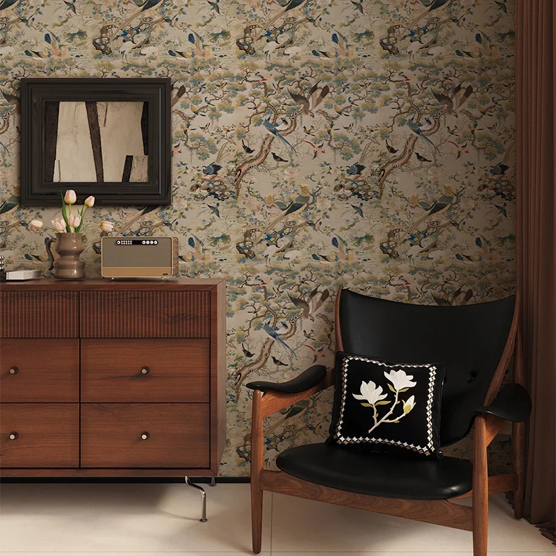 ورق جدران Chinoiserie قابل للتقشير واللصق، ورق حائط ذاتي اللصق قابل للإزالة، ورق اتصال عتيق لطيور الأزهار لخزانة غرفة النوم