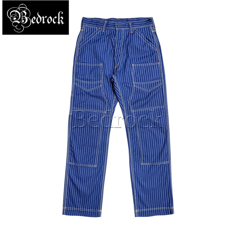 Underground Dyed Blue Striped Overalls Pure Cotton Slim Straight Trousers Wear-resistant Canvas Cargo Pants Vintage Buckle Back