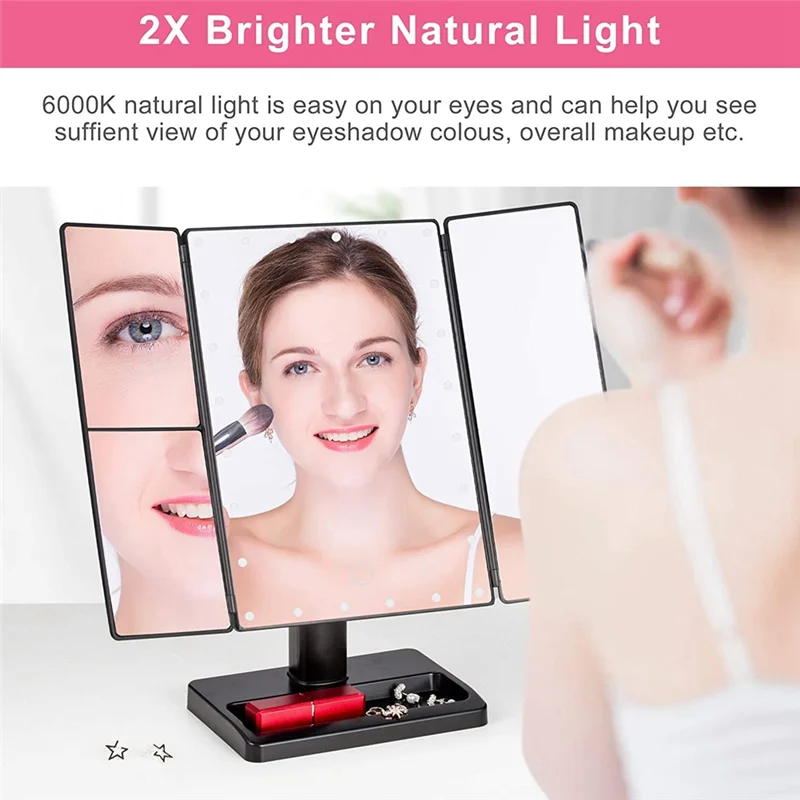 Miroir de maquillage à trois volets avec 22 lumières LED, grossissement 10X/3X/2X, miroir cosmétique de bureau de Table éclairé et pliable Portable