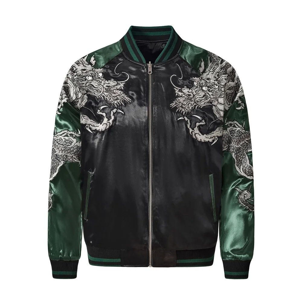 

Hip Hop Men's Green Sleeve Japanese Coat Harajuku Yokosuka Dragon Embroidered Autumn Jackets