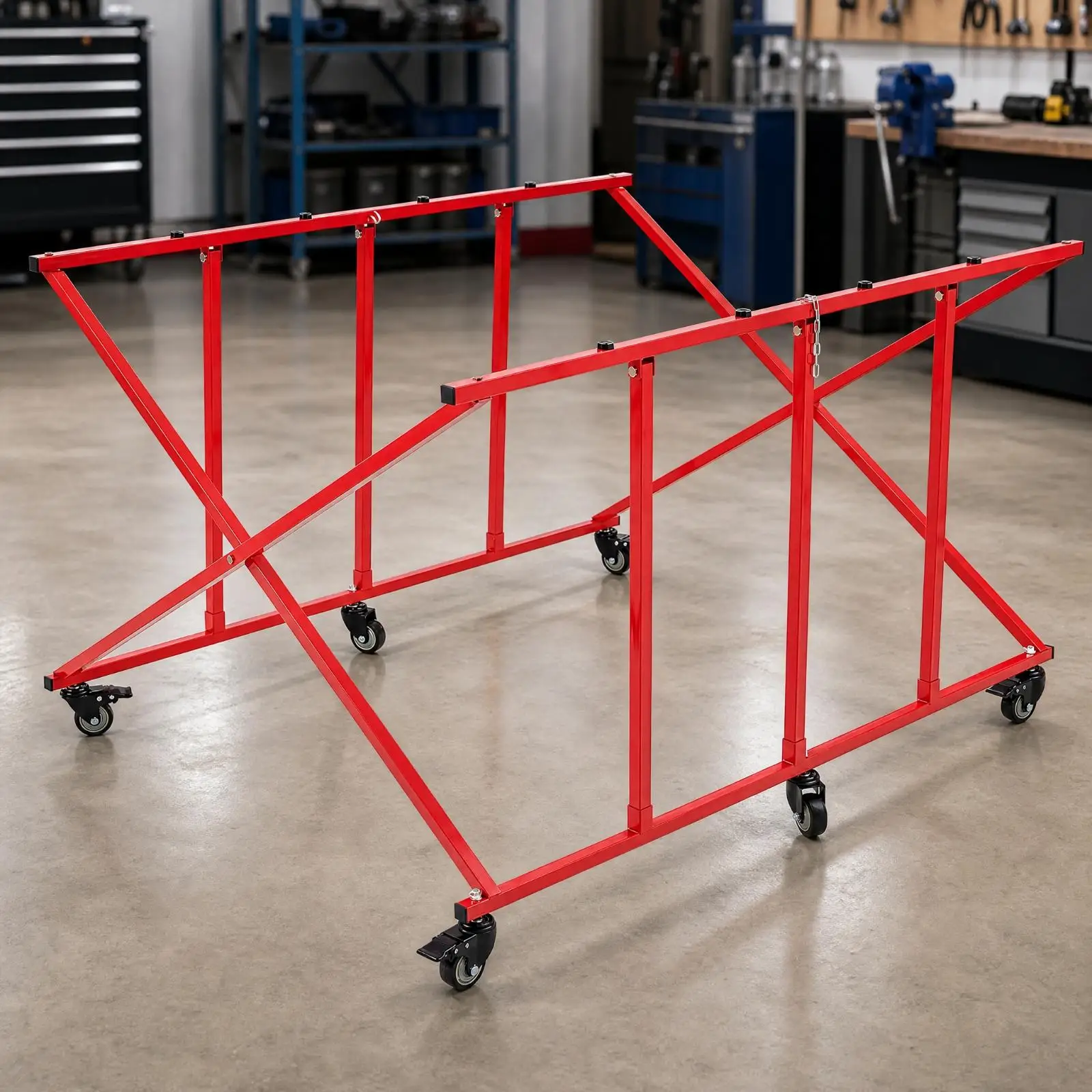 Foldable Pickup Truck Bed Cart with Caster Wheels and Securing Chain for Automotive Service Garage Use