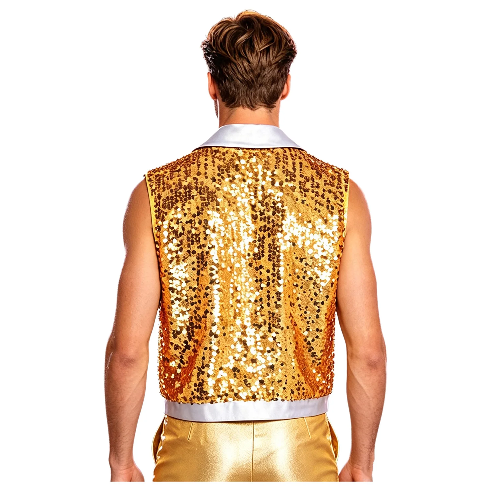 Mens Metallic Shiny Tank Top Hip Hop Jazz Dance Costume Sparkling Allover Sequin Vest Lapel Sleeveless Tassel Open Front Vest