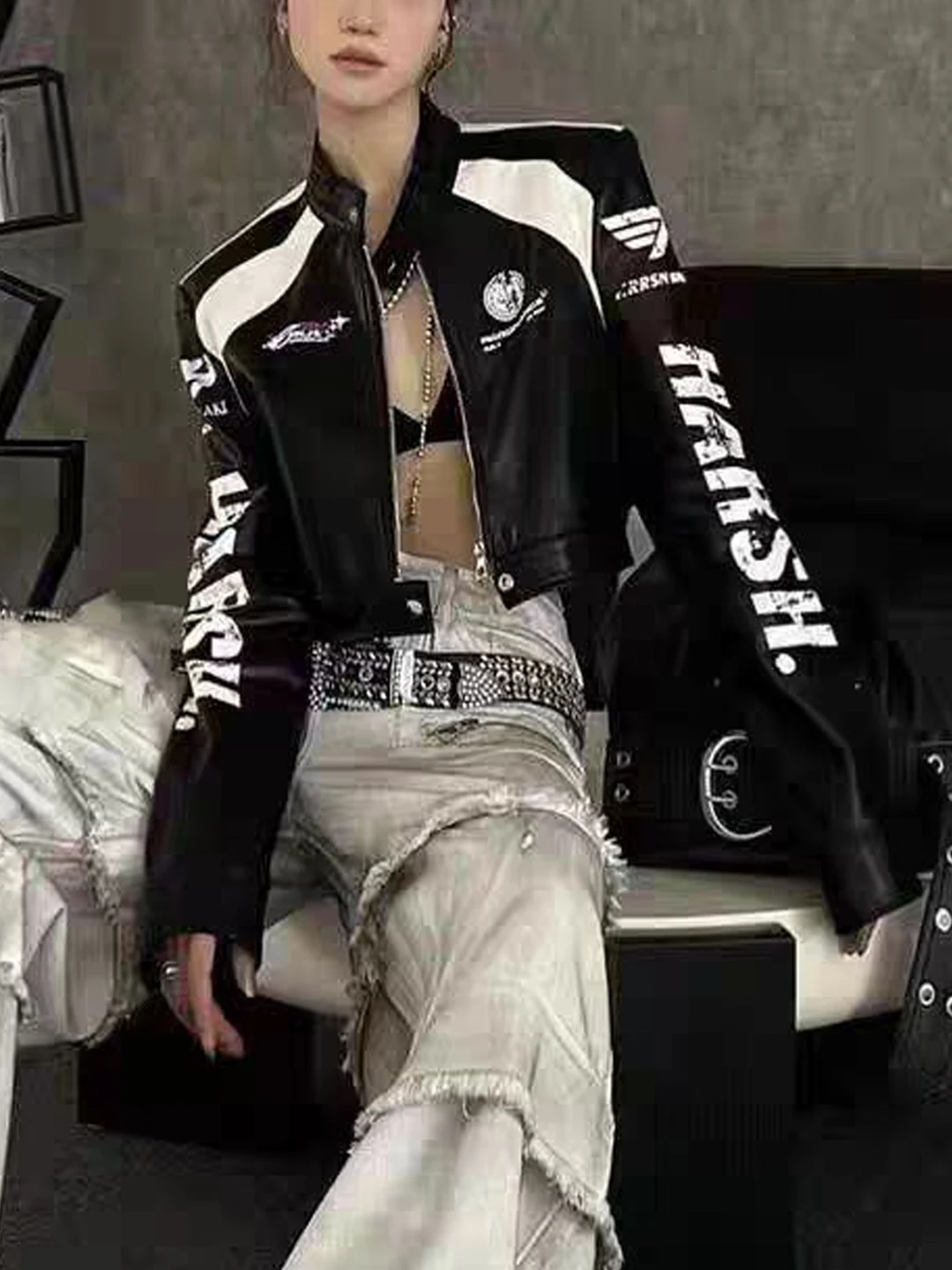 

American Sle Spicy Girl Cool Street Letter Print PU Leather Jaet Women's Spring Design Collar ort Coat Zipper Loose Fit