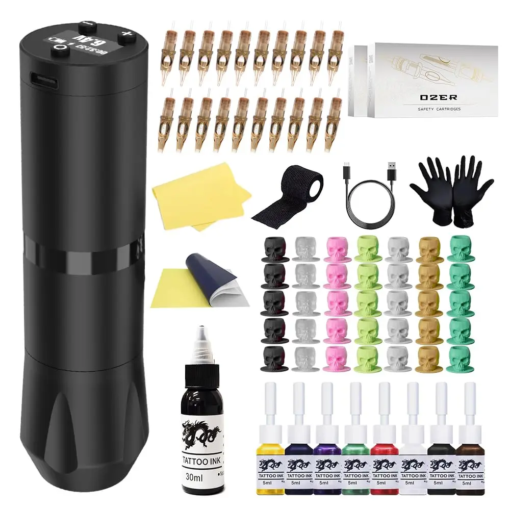 

Wireless Tattoo Pen Kit with 20 Cartridges, Practice Tools & Ink for Beginners - All-in-One Starter Set