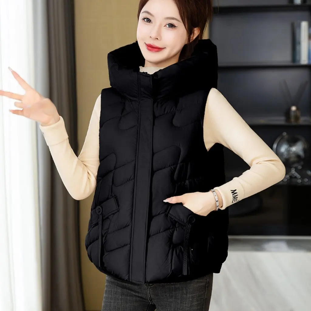 

Women's Short down Cotton Vest Autumn Winter Warm Korean Style Slim Fit Hooded Vest Coat for Students
