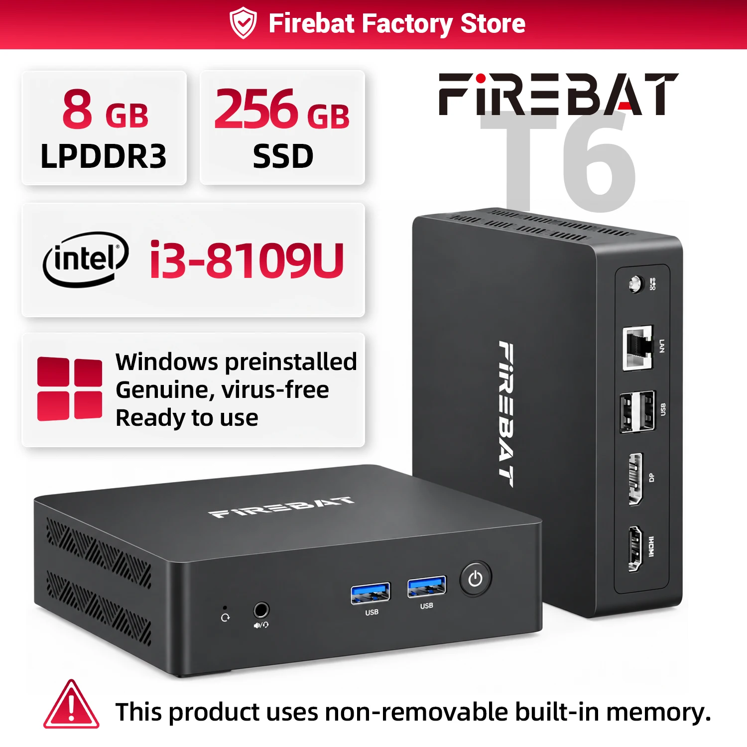 FIREBAT T6 MiniPC Intel i3-8109U beats N95 8GB LPDDR3 RAM 256GB SSD Wi-Fi5/BT 4.2 dual 4k display windows11 Desktop Computer