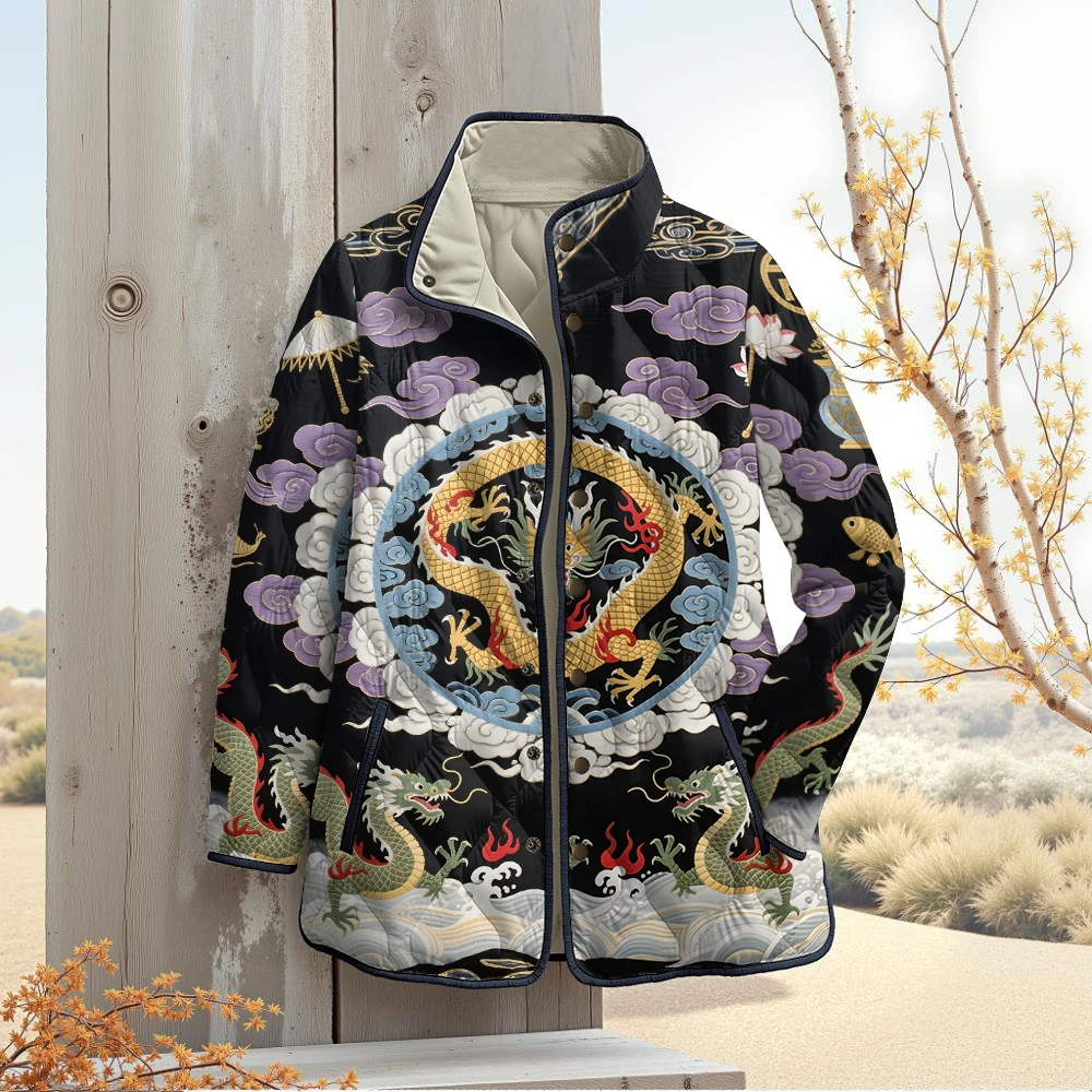 سترة دافئة مطبوعة على شكل سحابة التنين الصيني التقليدي بياقة واقفة ونمط آسيوي عتيق مثالية لمحبي الموضة الثقافية والملابس الخارجية
