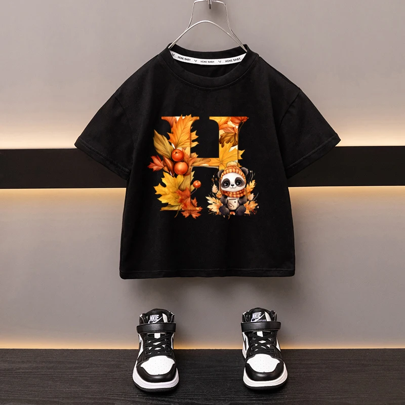 Maple Leaves Letter H Children T-shirt Kawaii Clothes for Girls T Shirt Anime Cartoons Casual Kid Boy Short Sleeve Tops New 2024