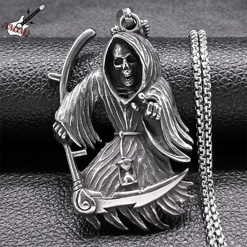 Vintage Gothic Death Scythe Skull Pendant Necklace for Men Stainless Steel Punk Hell Reaper Demon Necklaces Halloween Jewelry