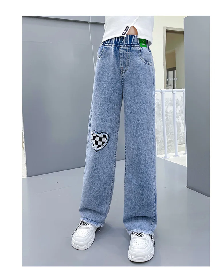 2024 Casual Style Jeans For Girl Teenage Clothes Elastic High Waist Denim Wide Leg Pants Spring Big Kids Straight Trousers 5-14Y