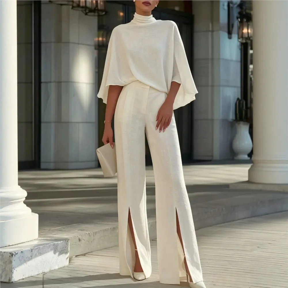 Herbst Damen Halbrollkragen-Oberteil Mode Schlitz-Weite-Hose 2-teiliges Set Eleganter Slim-Fit Damen Büro-Hosenanzug
