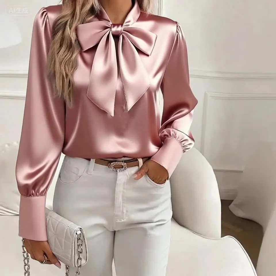 

4531- Elegant Lace Up Bow Shirt Women's Smooth Cut Long Sleeved Top Office Lady Solid Color Workwear Clothes