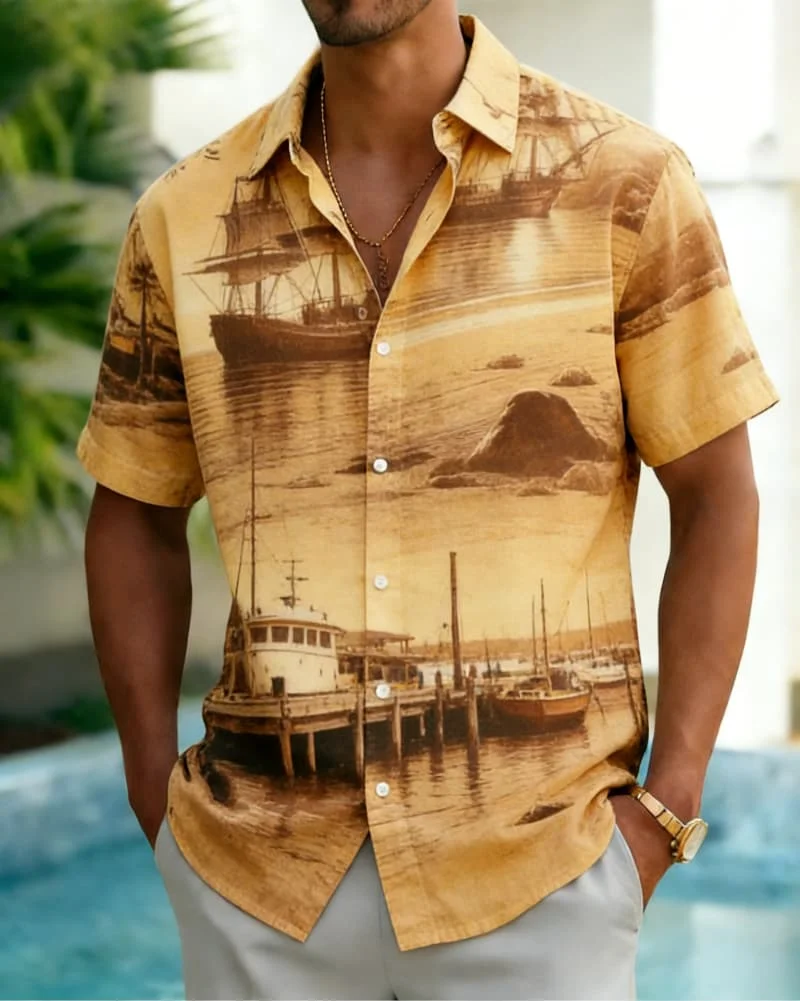 Men's Vintage Tropical Coastal Scenery Print Lapel Shirt, Hawaiian Casual Design for Summer Vacation, Daily Wear & Street Style