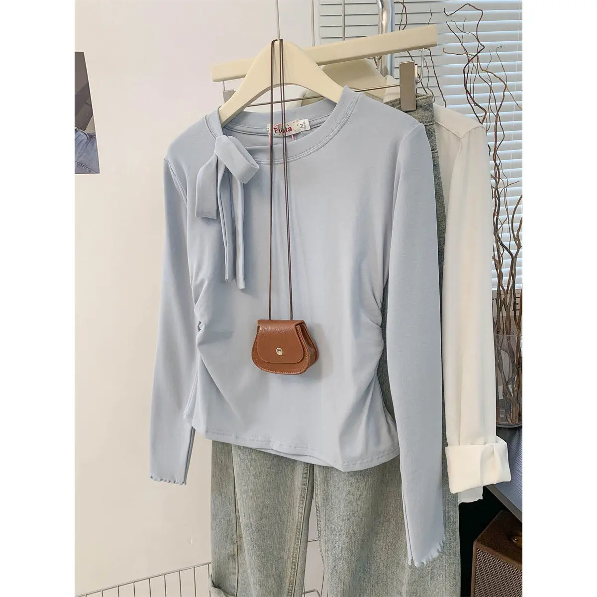 Korean Style Sweet Wind Tie  Knot Shoulder T-Shirt Women's New Design Slimming Top Cotton Polyester Elastic Fiber